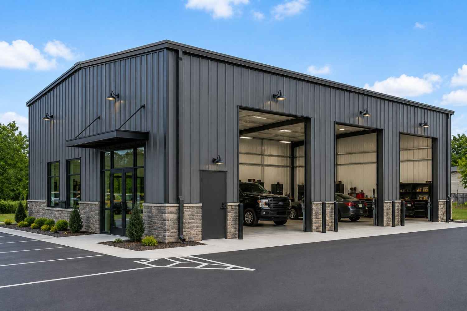 18x20 metal building: free-standing fully enclosed view (360 sq ft, proportion-matched from 25×30 source) from Steel and Stud