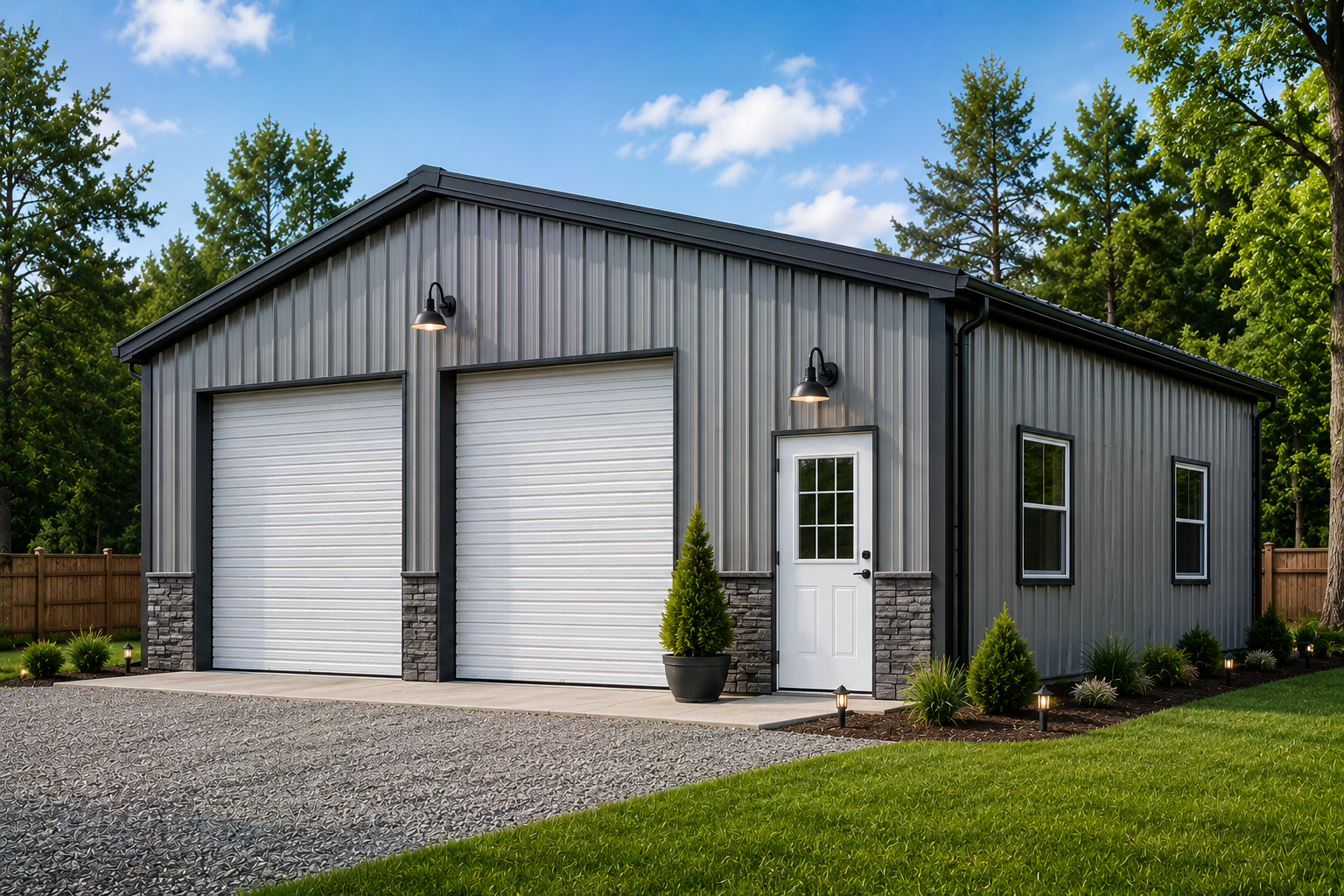 18x40 metal building: three-quarter perspective angle (720 sq ft, proportion-matched from 20×50 source) from Steel and Stud