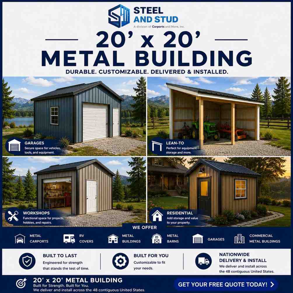 20x20 metal building by Steel and Stud — durable 400 sq ft steel garage, workshop and equipment storage with 12-gauge galvanized frame