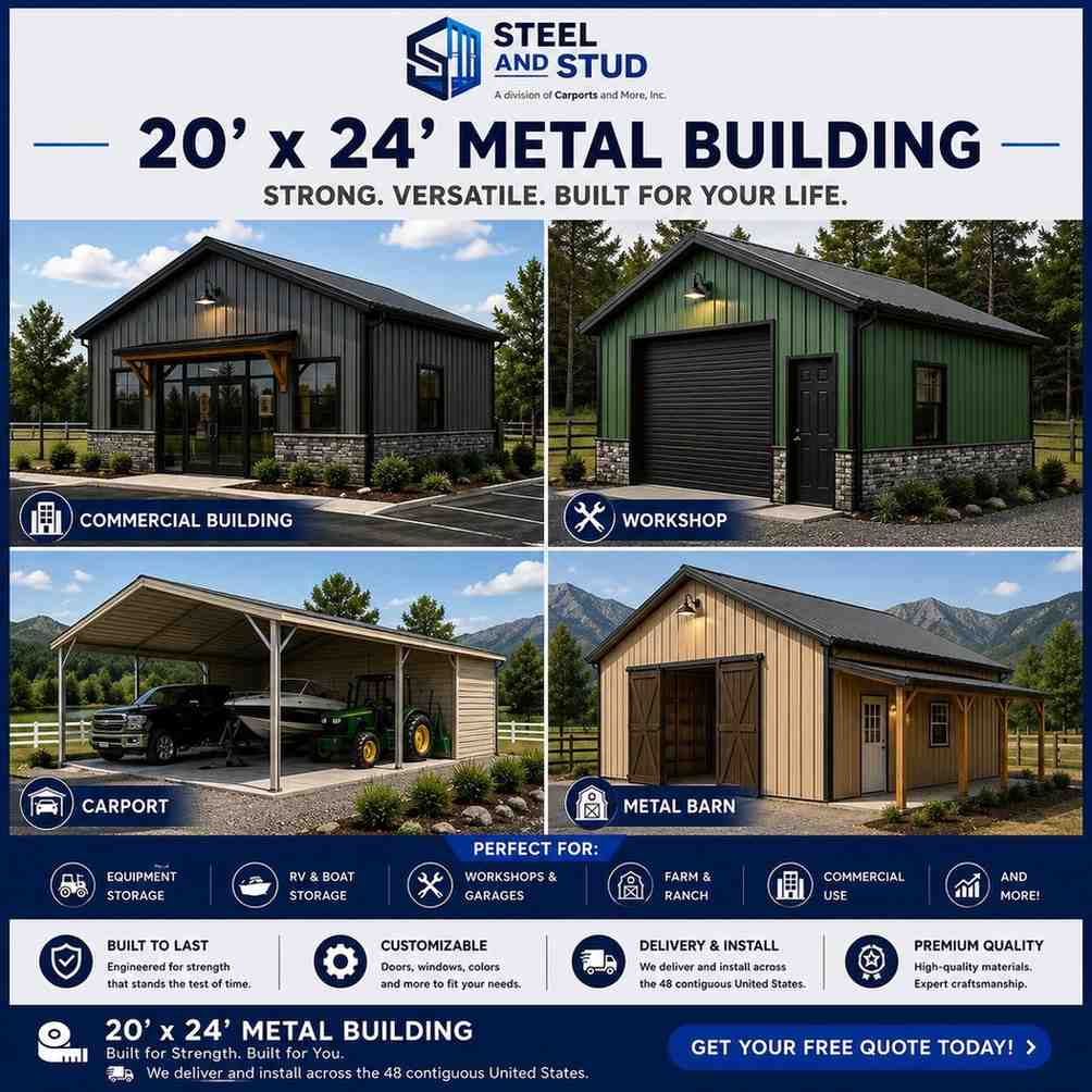 20x24 metal building by Steel and Stud — durable 480 sq ft steel garage, workshop and equipment storage with 12-gauge galvanized frame