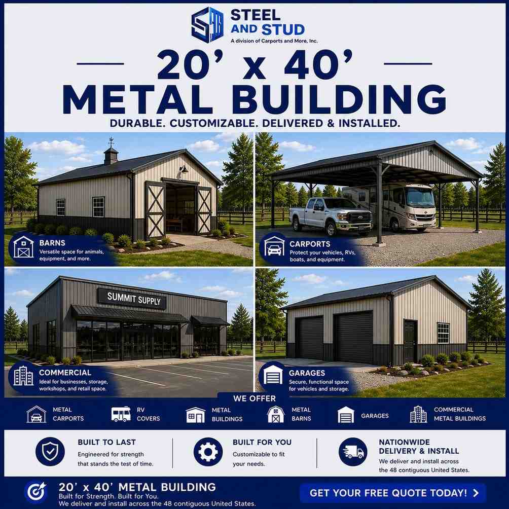 20x40 metal building by Steel and Stud — durable 800 sq ft steel garage, workshop and RV or boat storage with 12-gauge galvanized frame