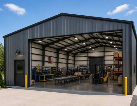 20x56 metal building: three-quarter perspective angle, 1,120 sq ft Steel and Stud factory direct