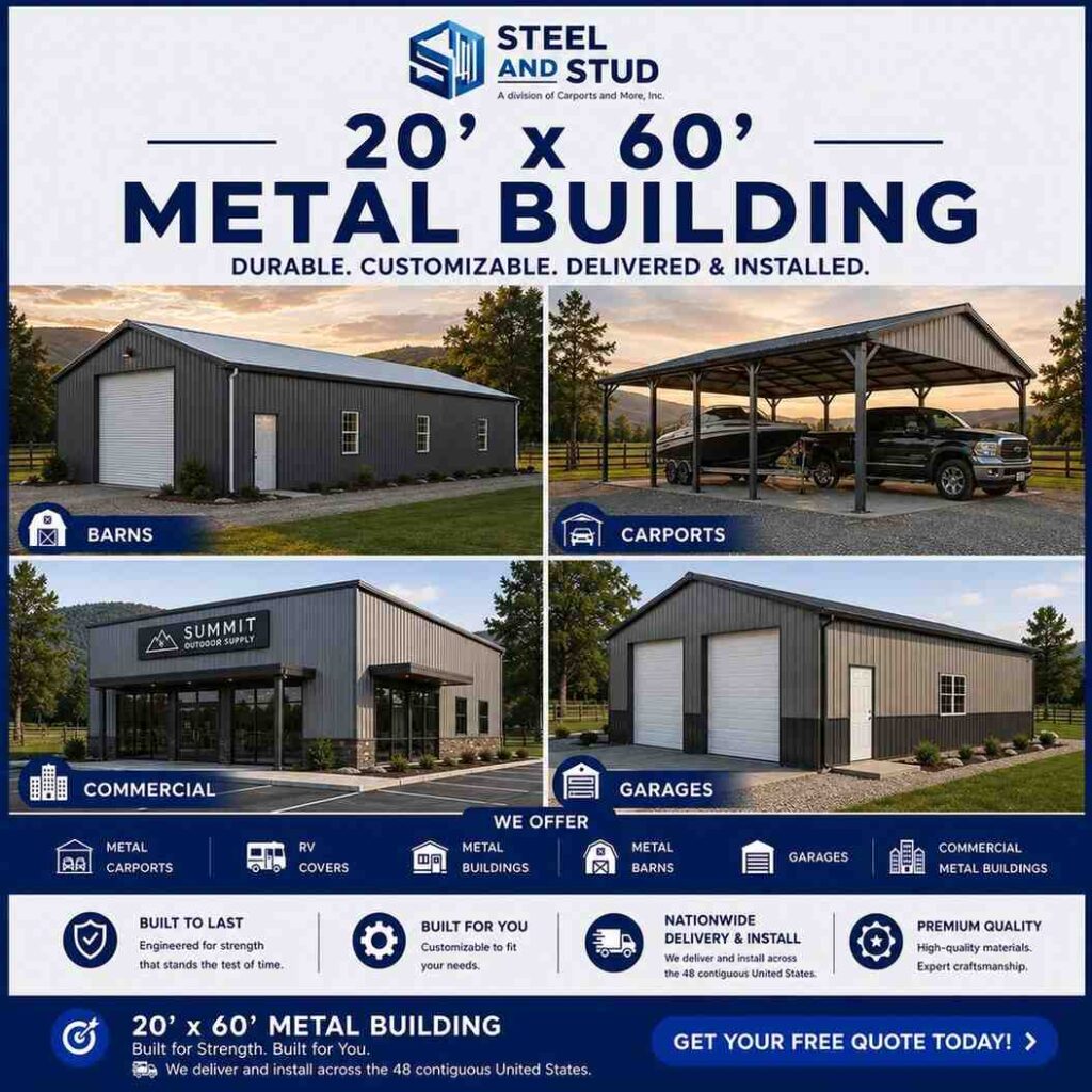 20x60 metal building by Steel and Stud — durable 1,200 sq ft steel garage, workshop and RV or boat storage with 12-gauge galvanized frame