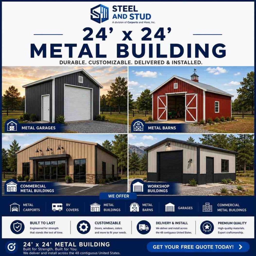 24x24 metal building by Steel and Stud — durable 576 sq ft steel garage, workshop and equipment storage with 12-gauge galvanized frame