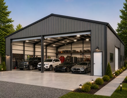 24x25 metal building: free-standing fully enclosed view, 600 sq ft Steel and Stud factory direct