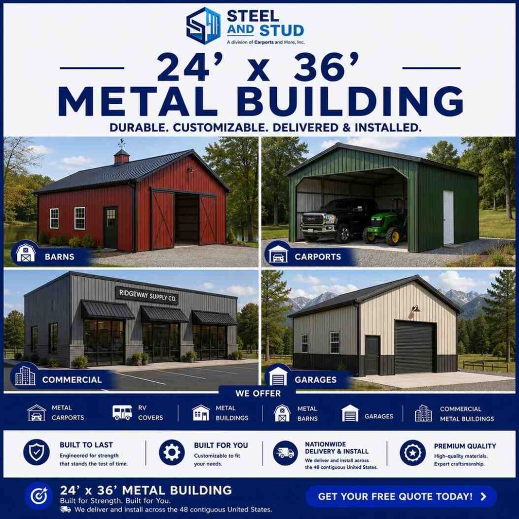 24x36 metal building by Steel and Stud — durable 864 sq ft steel garage, workshop and RV or boat storage with 12-gauge galvanized frame