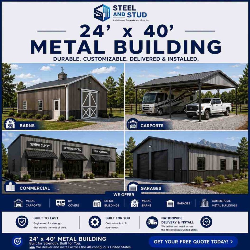 24x40 metal building by Steel and Stud — durable 960 sq ft steel garage, workshop and RV or boat storage with 12-gauge galvanized frame