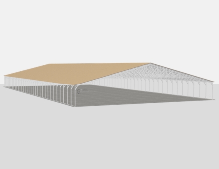 24x45 metal building: three-quarter perspective angle (1,080 sq ft, proportion-matched from 100×200 source) from Steel and Stud