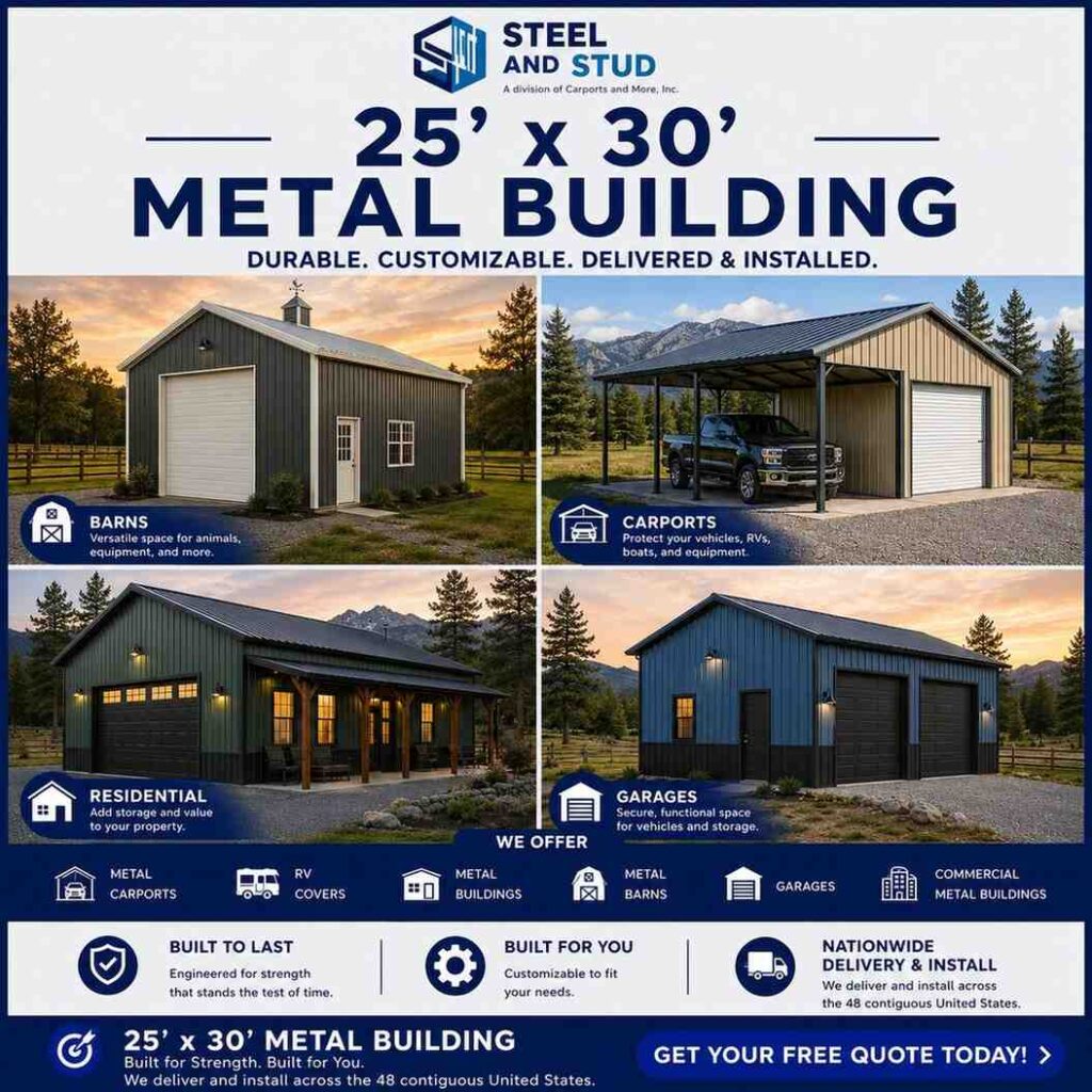 25x30 metal building by Steel and Stud — durable 750 sq ft steel garage, workshop and RV or boat storage with 12-gauge galvanized frame
