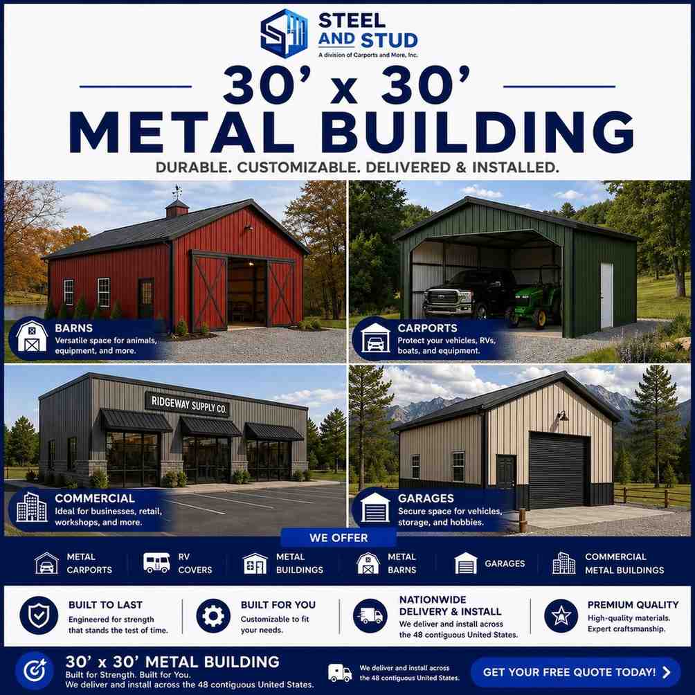 30x30 metal building by Steel and Stud — durable 900 sq ft steel garage, workshop and RV or boat storage with 12-gauge galvanized frame