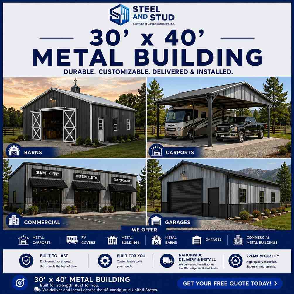 30x40 metal building by Steel and Stud — durable 1,200 sq ft steel garage, workshop and RV or boat storage with 12-gauge galvanized frame