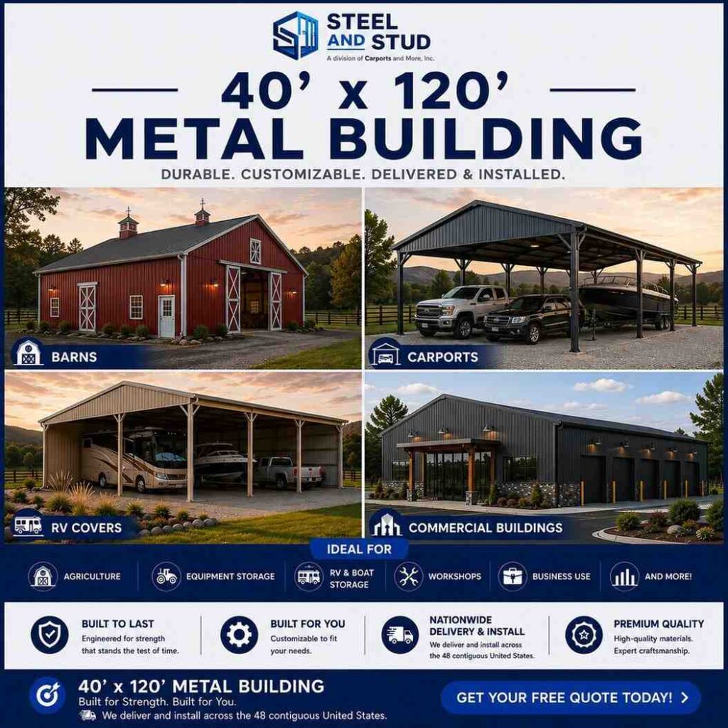 40x120 metal building by Steel and Stud — durable 4,800 sq ft steel warehouse, workshop and commercial garage with 12-gauge galvanized frame