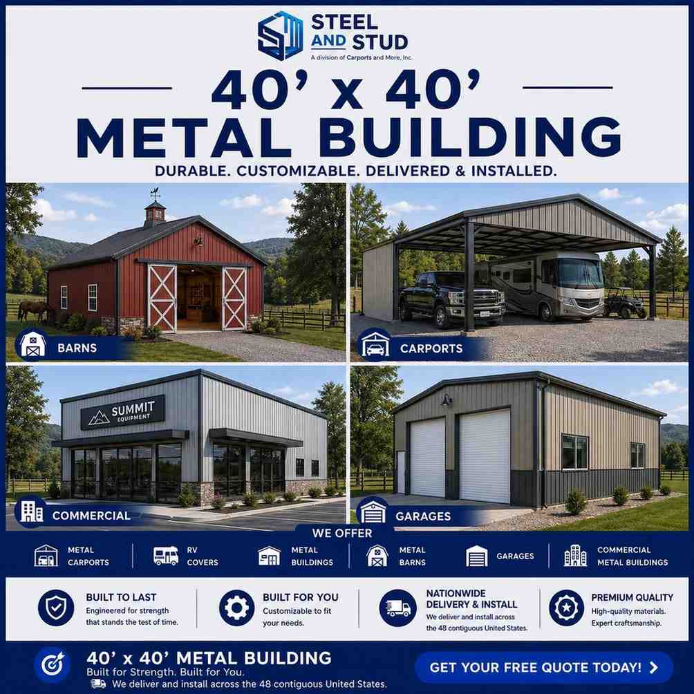 40x40 metal building by Steel and Stud — durable 1,600 sq ft steel workshop, machine shop and RV or boat storage with 12-gauge galvanized frame