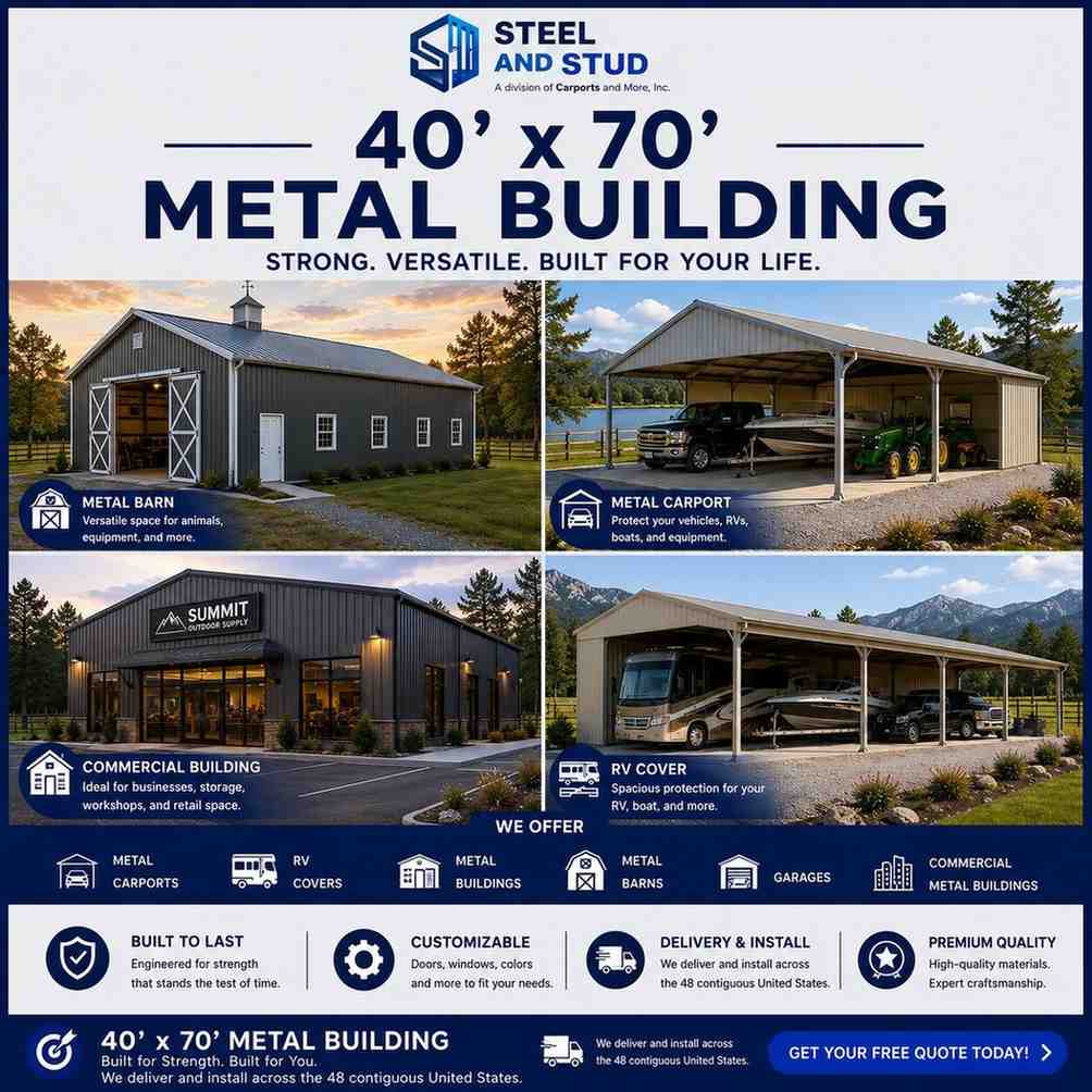 40x70 metal building by Steel and Stud — durable 2,800 sq ft steel workshop, commercial garage and equipment storage with 12-gauge galvanized frame