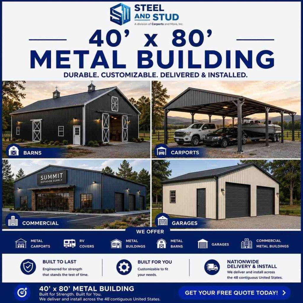 40x80 metal building by Steel and Stud — durable 3,200 sq ft steel warehouse, workshop and commercial garage with 12-gauge galvanized frame