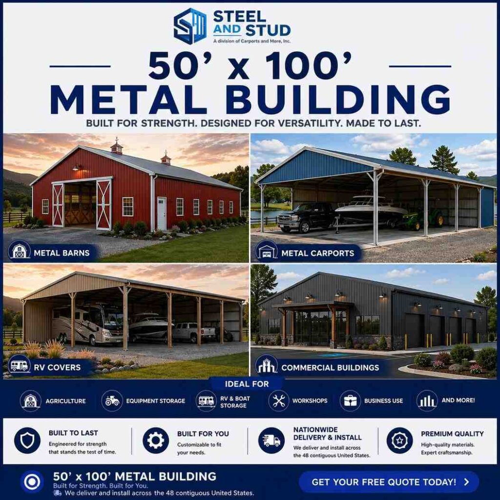 50x100 metal building by Steel and Stud — durable 5,000 sq ft steel warehouse, workshop and commercial garage with 12-gauge galvanized frame