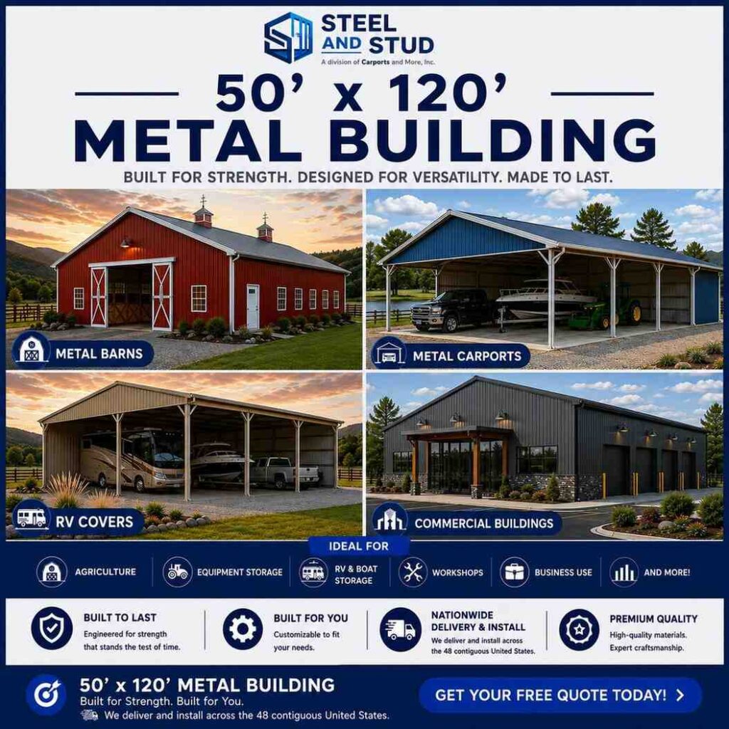 50x120 metal building by Steel and Stud — durable 6,000 sq ft steel warehouse, distribution center and manufacturing facility with 12-gauge galvanized frame