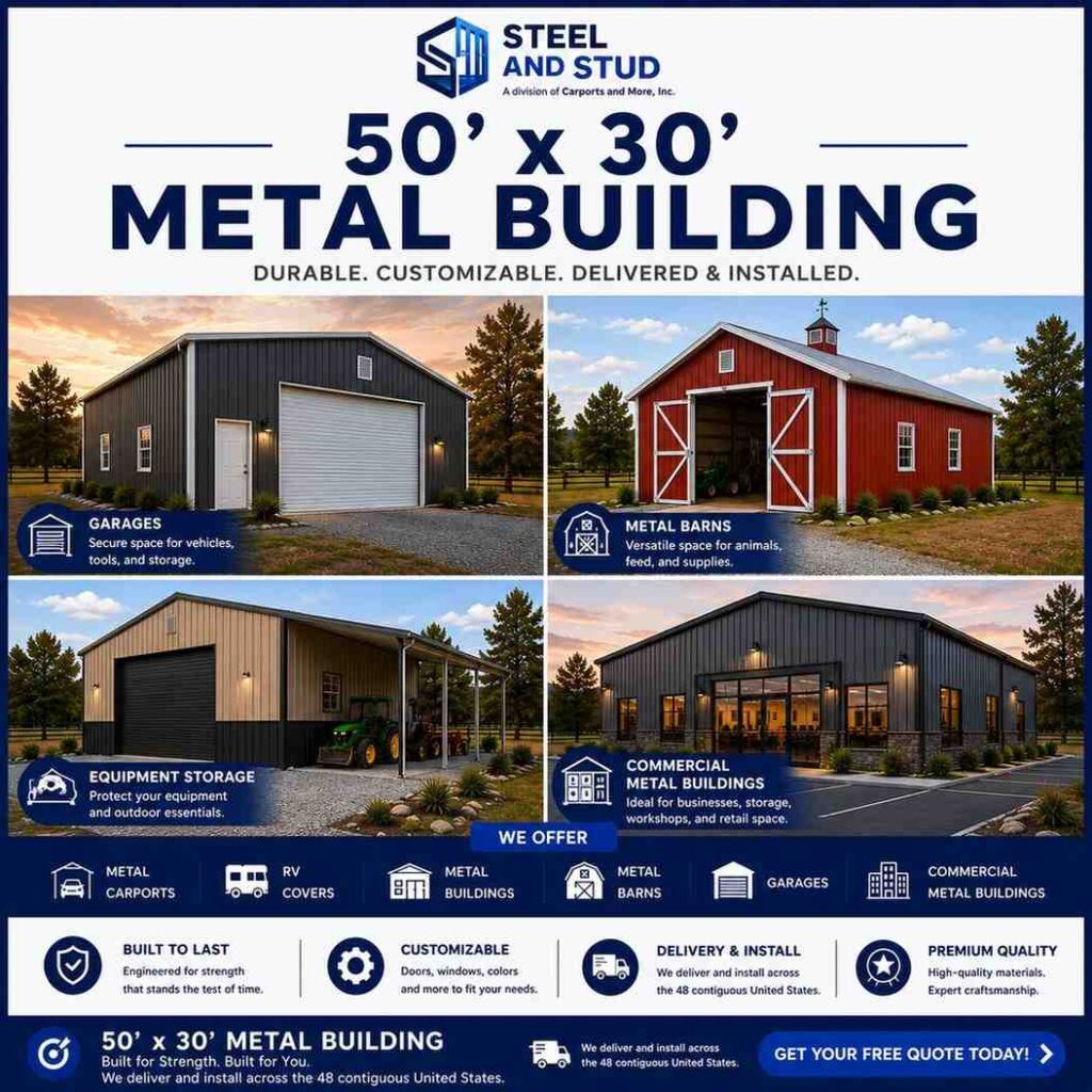 50x30 metal building by Steel and Stud — durable 1,500 sq ft steel workshop, machine shop and RV or boat storage with 12-gauge galvanized frame