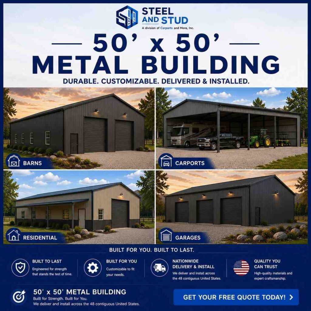 50x50 metal building by Steel and Stud — durable 2,500 sq ft steel workshop, commercial garage and equipment storage with 12-gauge galvanized frame