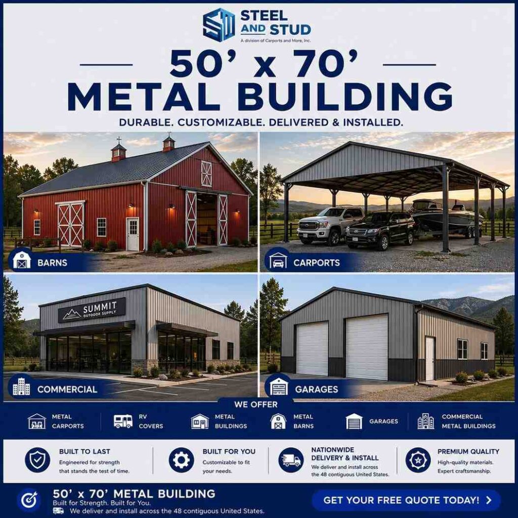 50x70 metal building by Steel and Stud — durable 3,500 sq ft steel warehouse, workshop and commercial garage with 12-gauge galvanized frame