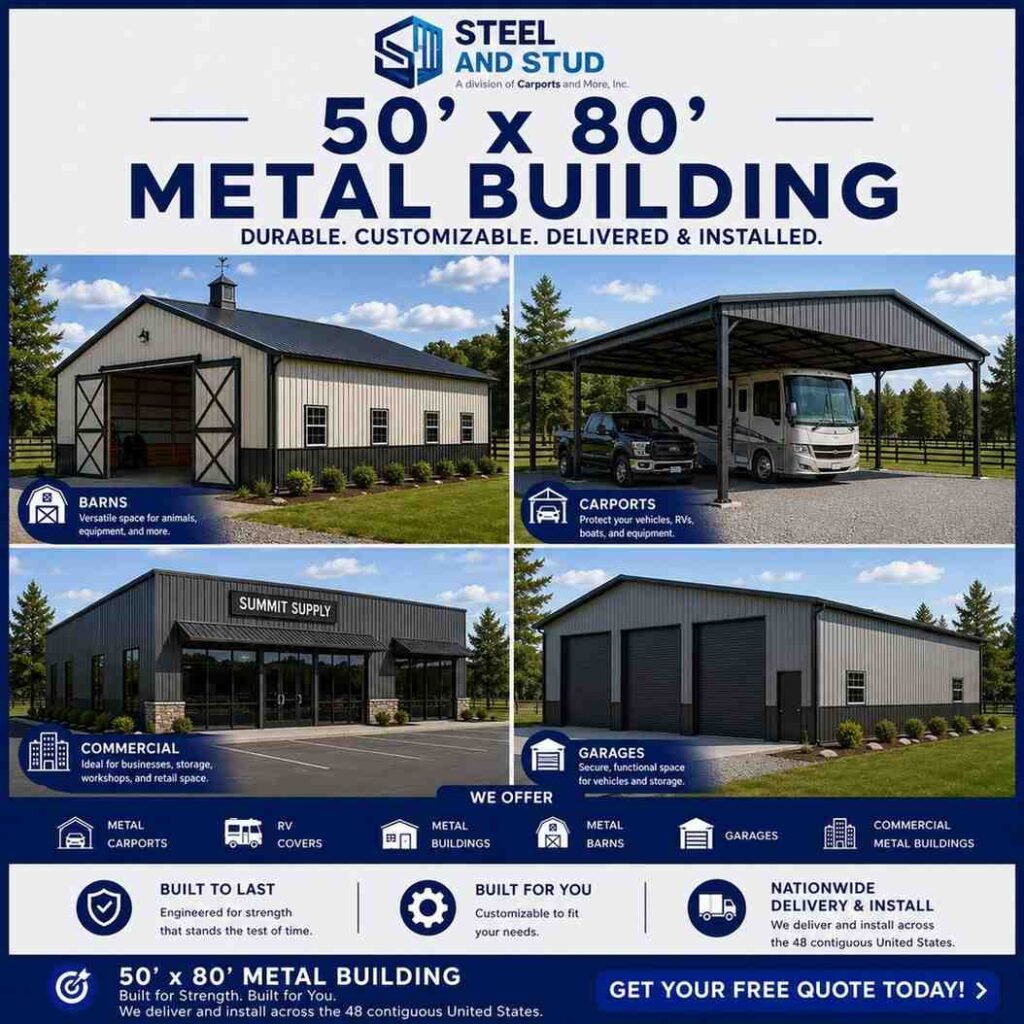 50x80 metal building by Steel and Stud — durable 4,000 sq ft steel warehouse, workshop and commercial garage with 12-gauge galvanized frame