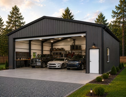 50x80 metal building: hero render — building exterior view, 4,000 sq ft Steel and Stud factory direct