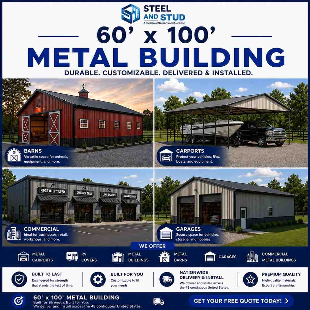 60x100 metal building by Steel and Stud — durable 6,000 sq ft steel warehouse, distribution center and manufacturing facility with 12-gauge galvanized frame