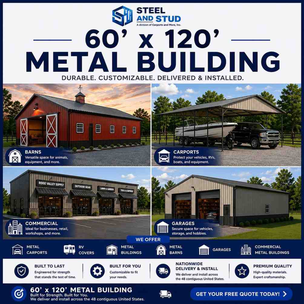 60x120 metal building by Steel and Stud — durable 7,200 sq ft steel warehouse, distribution center and manufacturing facility with 12-gauge galvanized frame