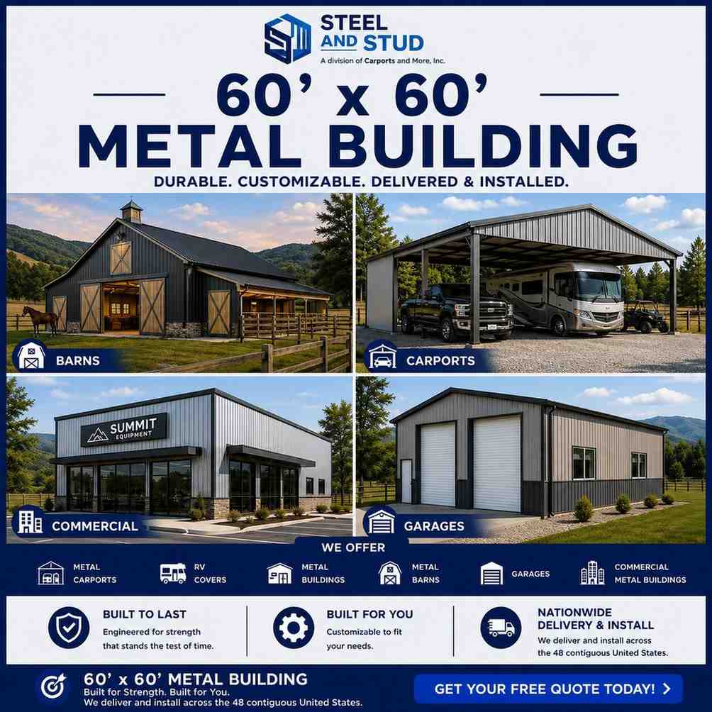 60x60 metal building by Steel and Stud — durable 3,600 sq ft steel warehouse, workshop and commercial garage with 12-gauge galvanized frame