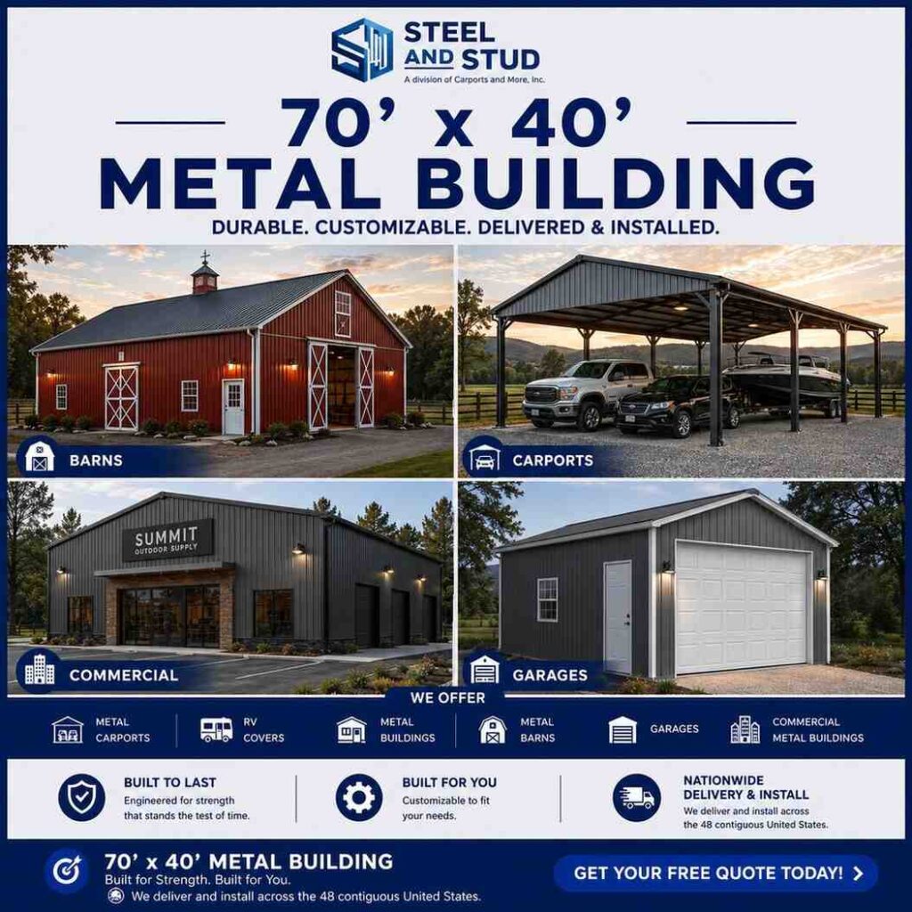 70x40 metal building by Steel and Stud — durable 2,800 sq ft steel workshop, commercial garage and equipment storage with 12-gauge galvanized frame