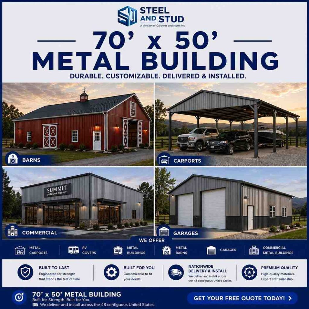 70x50 metal building by Steel and Stud — durable 3,500 sq ft steel warehouse, workshop and commercial garage with 12-gauge galvanized frame