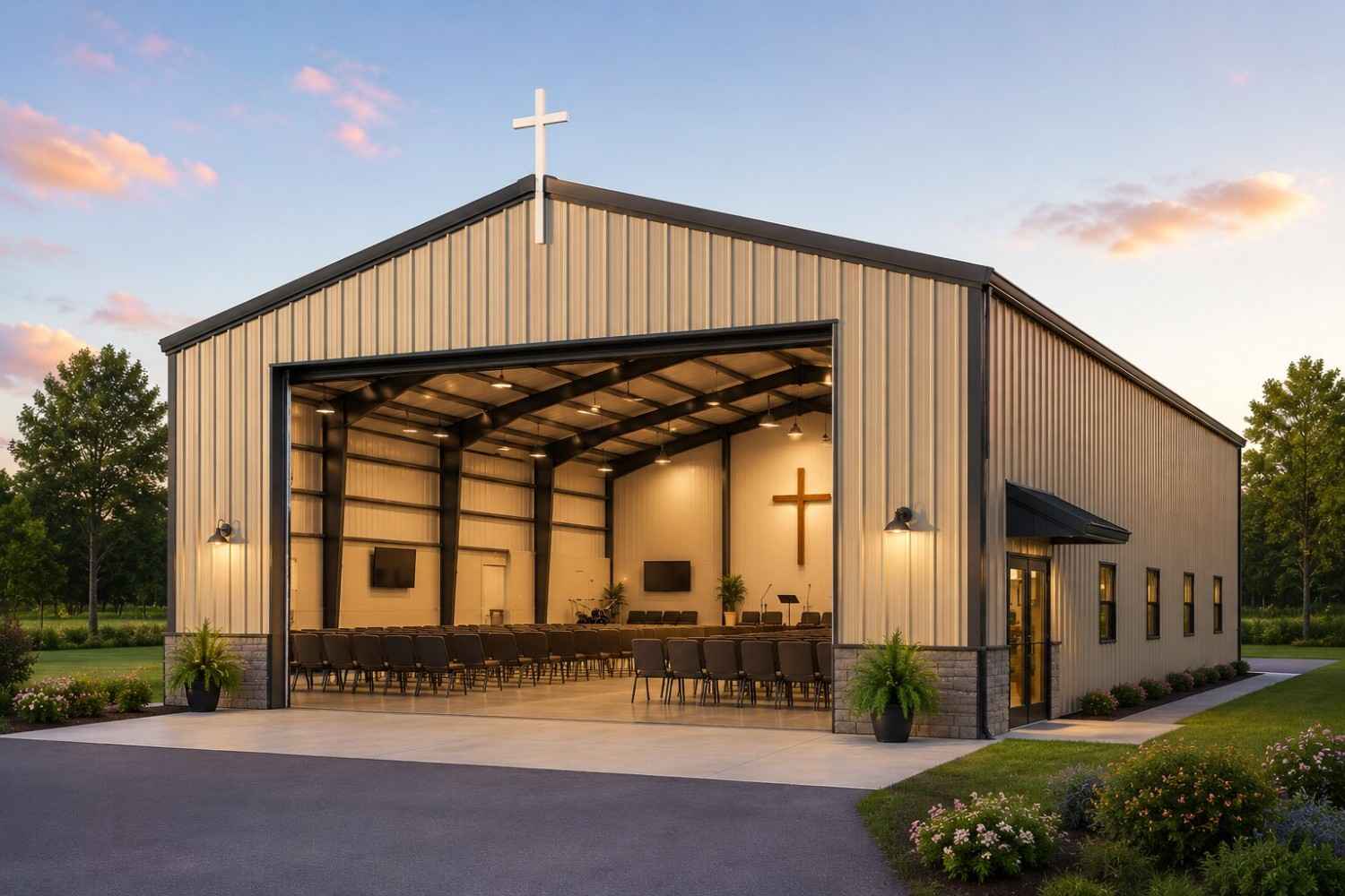 75x100 metal building: three-quarter perspective angle (7,500 sq ft, proportion-matched from 60×80 source) from Steel and Stud