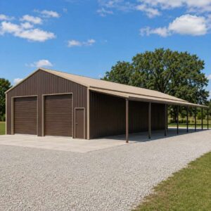 20x60 metal building with long attached lean-to carport - bronze-brown walls with tan trim and open lean-to