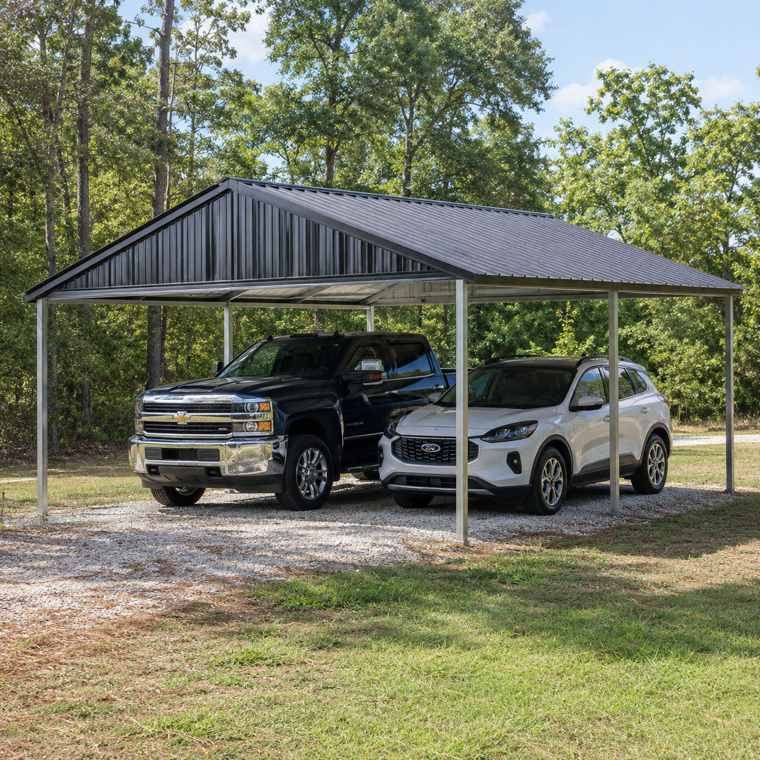 24x24 metal carport - compact open-sided carport for two vehicles with charcoal vertical-rib roof on rural lot
