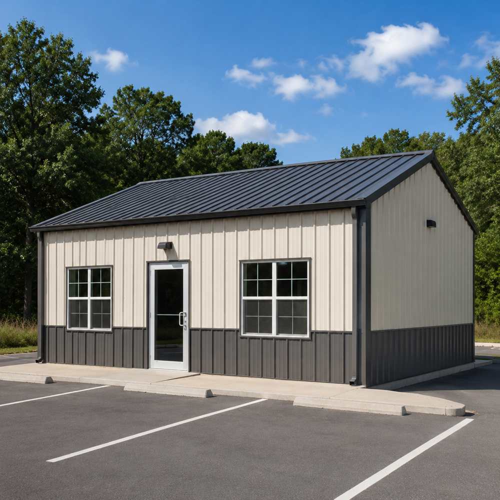 24x24 commercial metal building - cream walls with charcoal wainscot and glass entry door on paved lot
