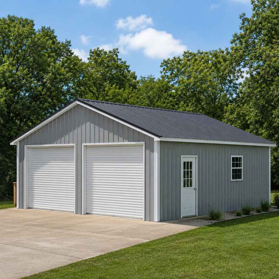 24x24 enclosed metal garage with two white roll-up doors, silver-gray walls and charcoal roof on paved drive
