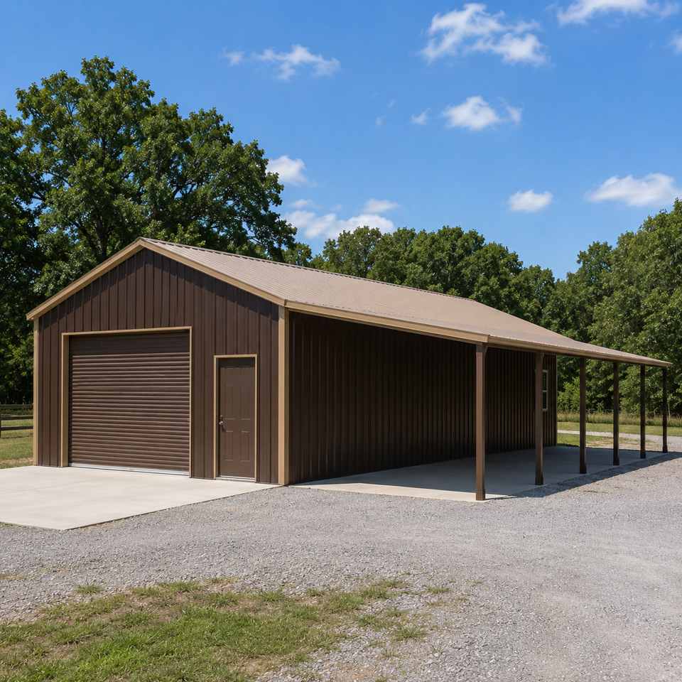 24x24 metal building with attached lean-to carport - bronze-brown walls with tan trim and open lean-to parking