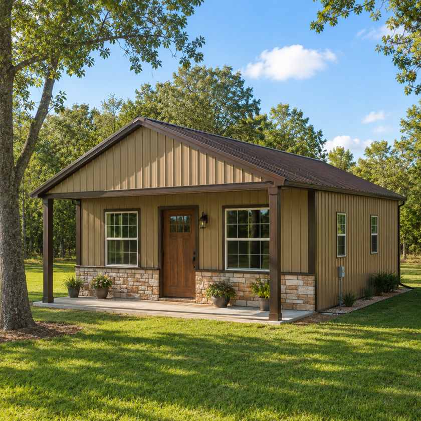 24x24 metal barndominium cottage - tan walls with covered porch, stone wainscot and divided-light windows