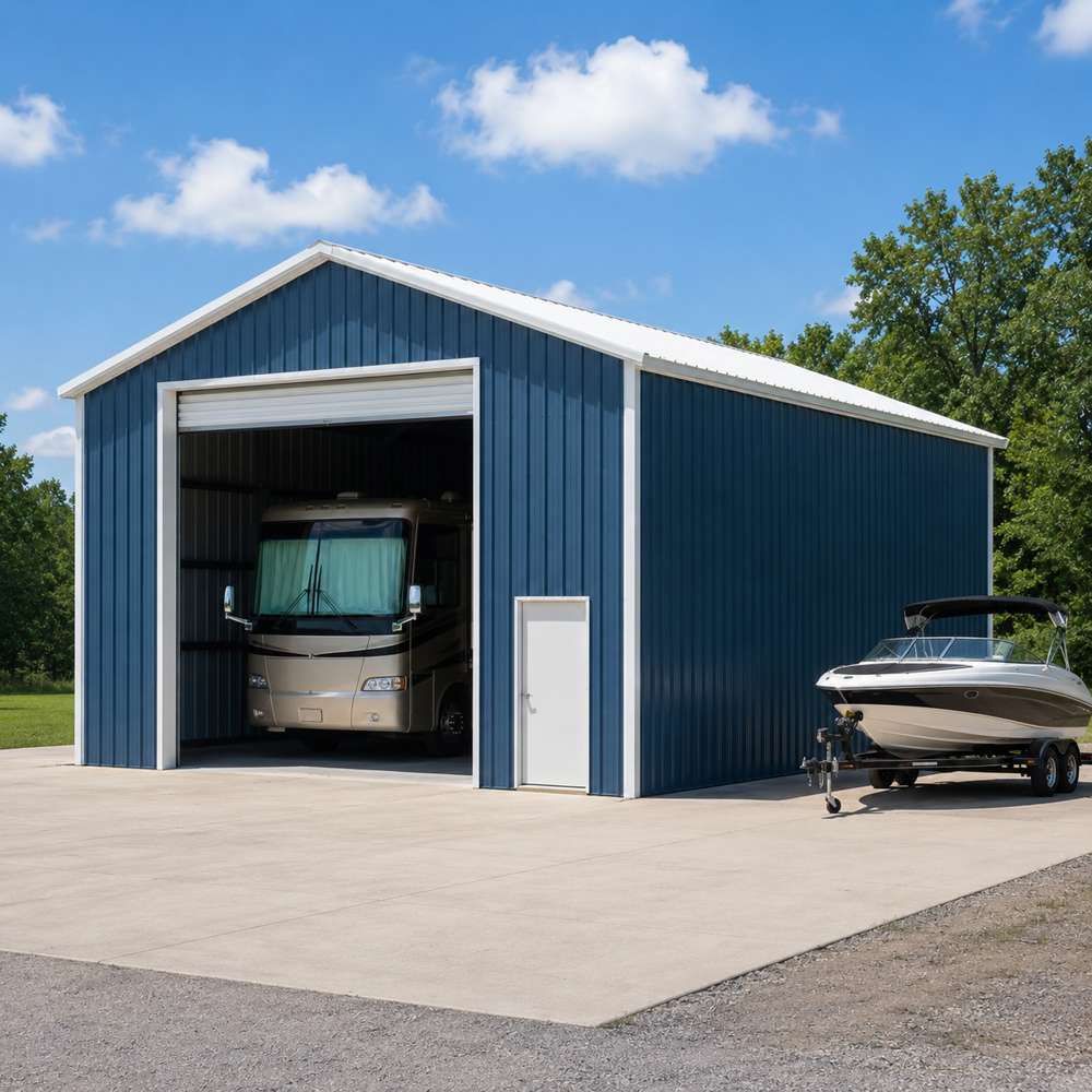 24x24 RV and boat storage metal building - slate-blue walls with tall white roll-up door, motorhome and boat