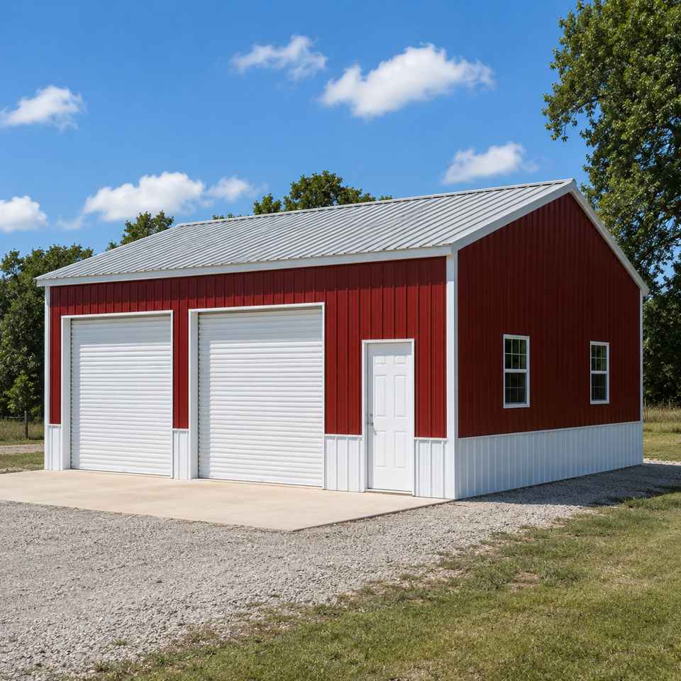 24x24 metal workshop - barn-red walls with white trim, two white roll-up doors and gray roof on rural lot
