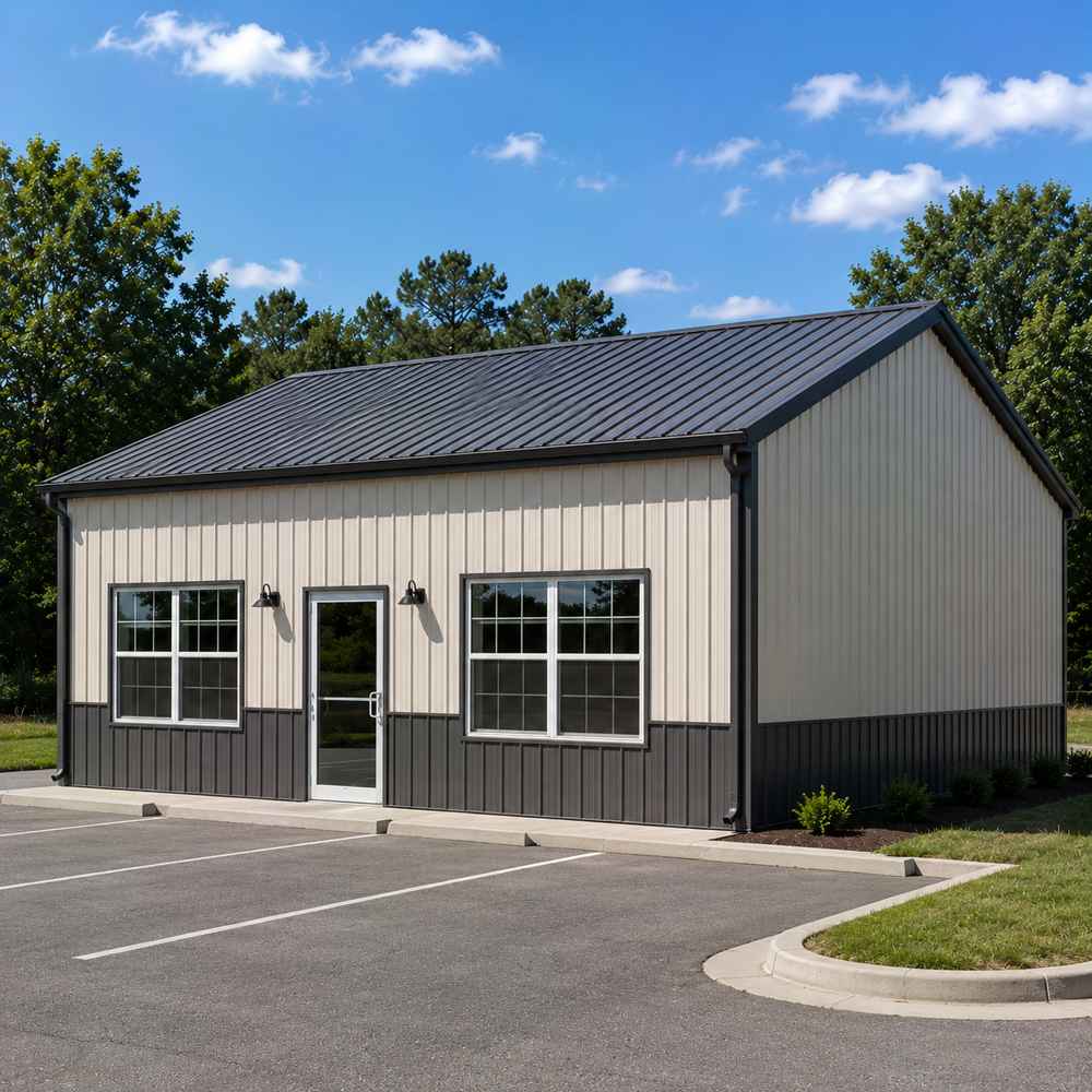 24x36 commercial metal building - cream walls with charcoal wainscot and glass entry door on paved lot