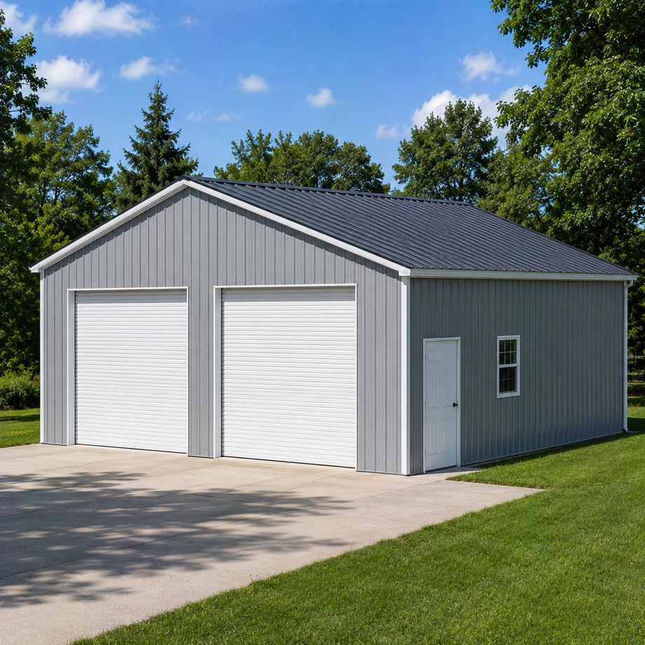 24x36 enclosed metal garage with two white roll-up doors, silver-gray walls and charcoal roof