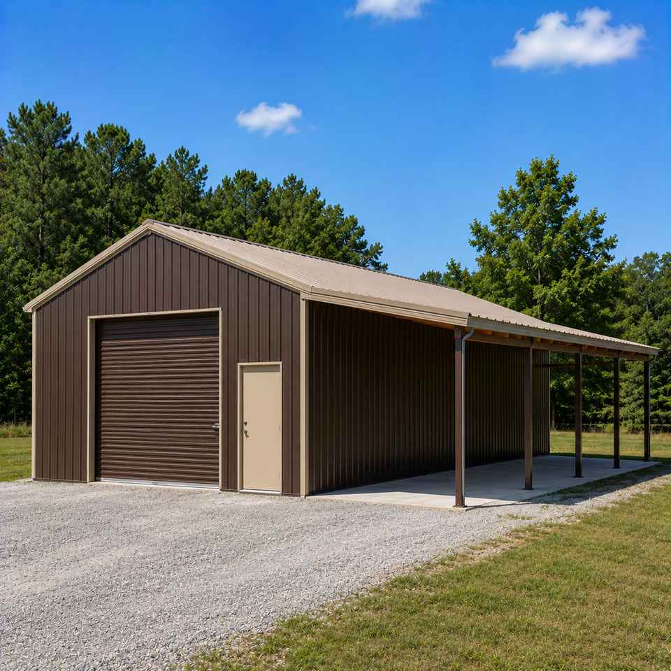 24x36 metal building with attached lean-to carport - bronze-brown walls with tan trim and open lean-to covered parking