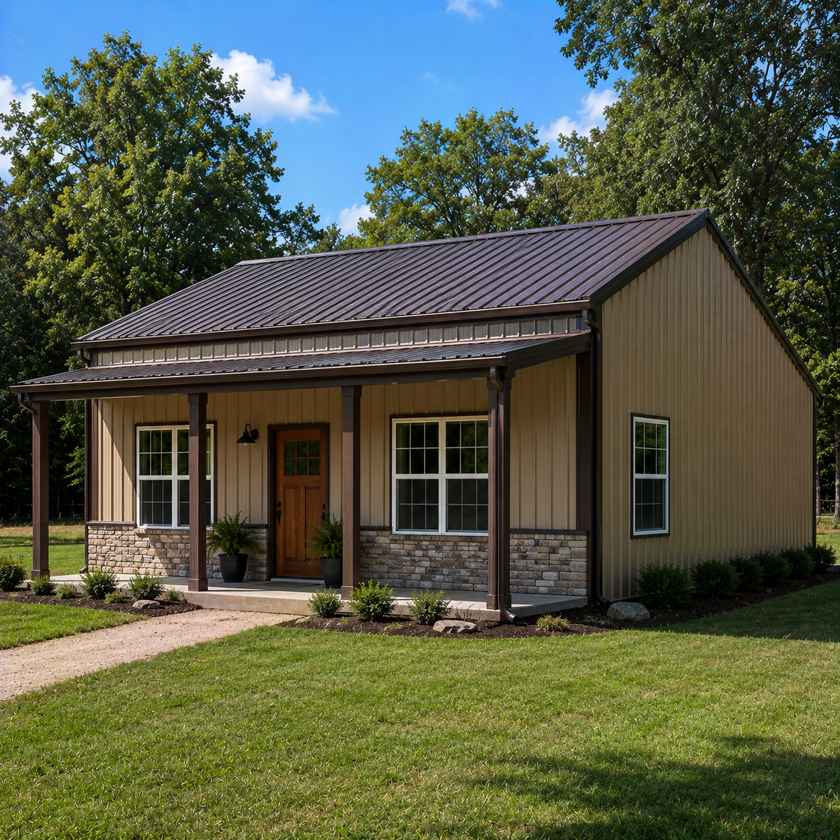 24x36 metal barndominium home - tan walls with covered front porch and dark brown roof