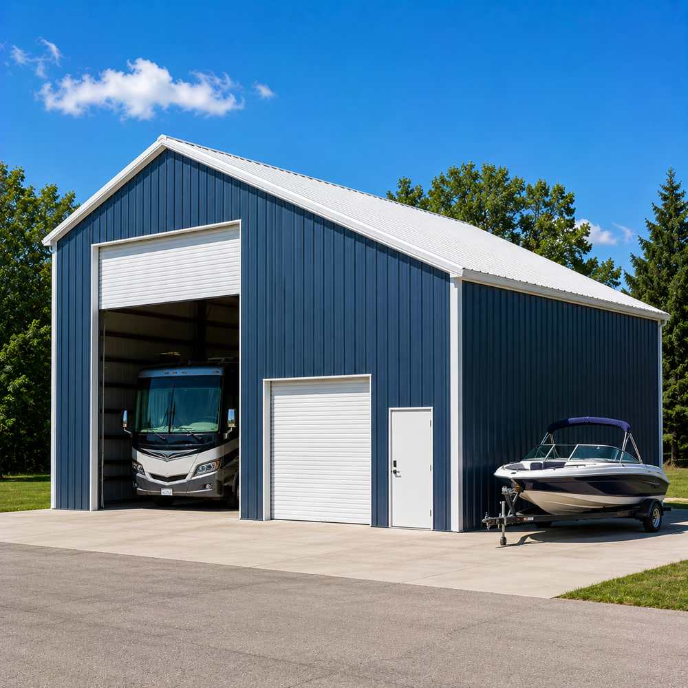 24x36 RV and boat storage metal building - slate-blue walls with tall white roll-up door and boat on trailer outside