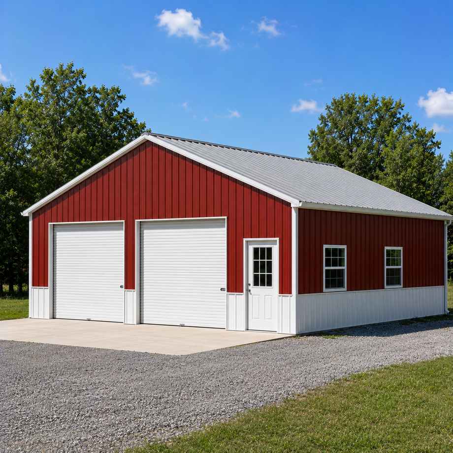 24x36 metal workshop building - barn-red walls with white trim, two white roll-up doors and gray roof on rural lot