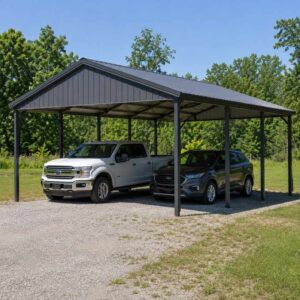 25x30 metal carport - two-vehicle open carport with charcoal vertical-rib roof on rural lot