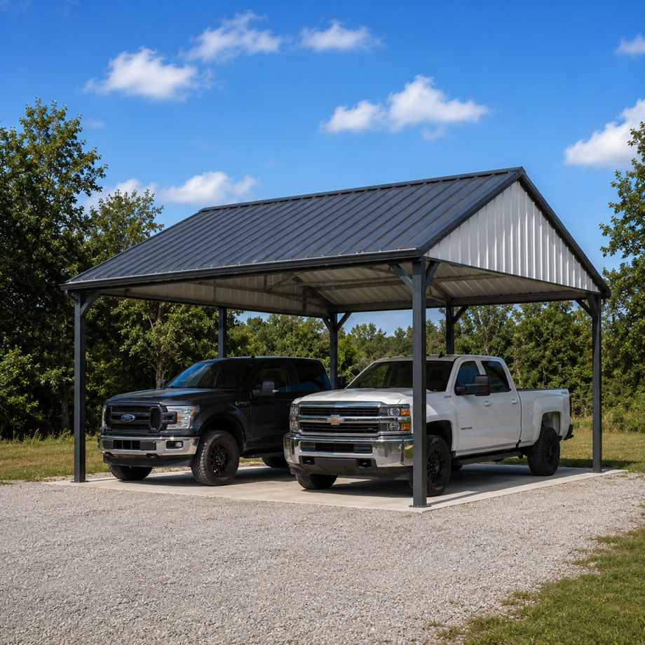 30x30 metal carport — vertical-roof steel carport for two vehicles