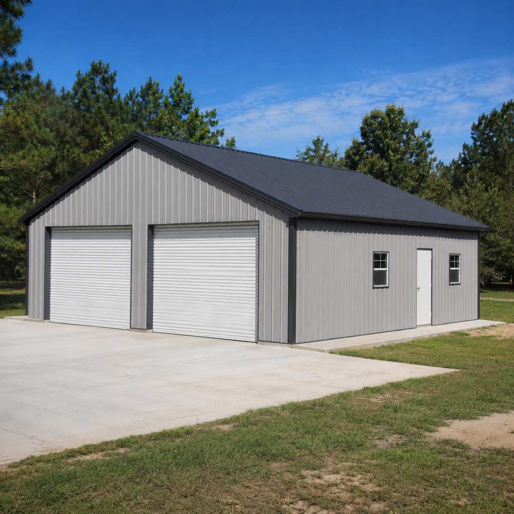 30x30 metal garage — enclosed 2-car steel garage with roll-up doors