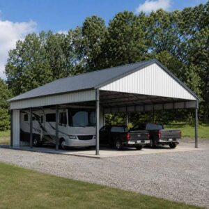 30x40 metal carport — vertical-roof steel carport for two vehicles